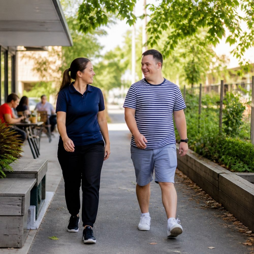 A support worker and participant smiling and chatting while walking together in the community