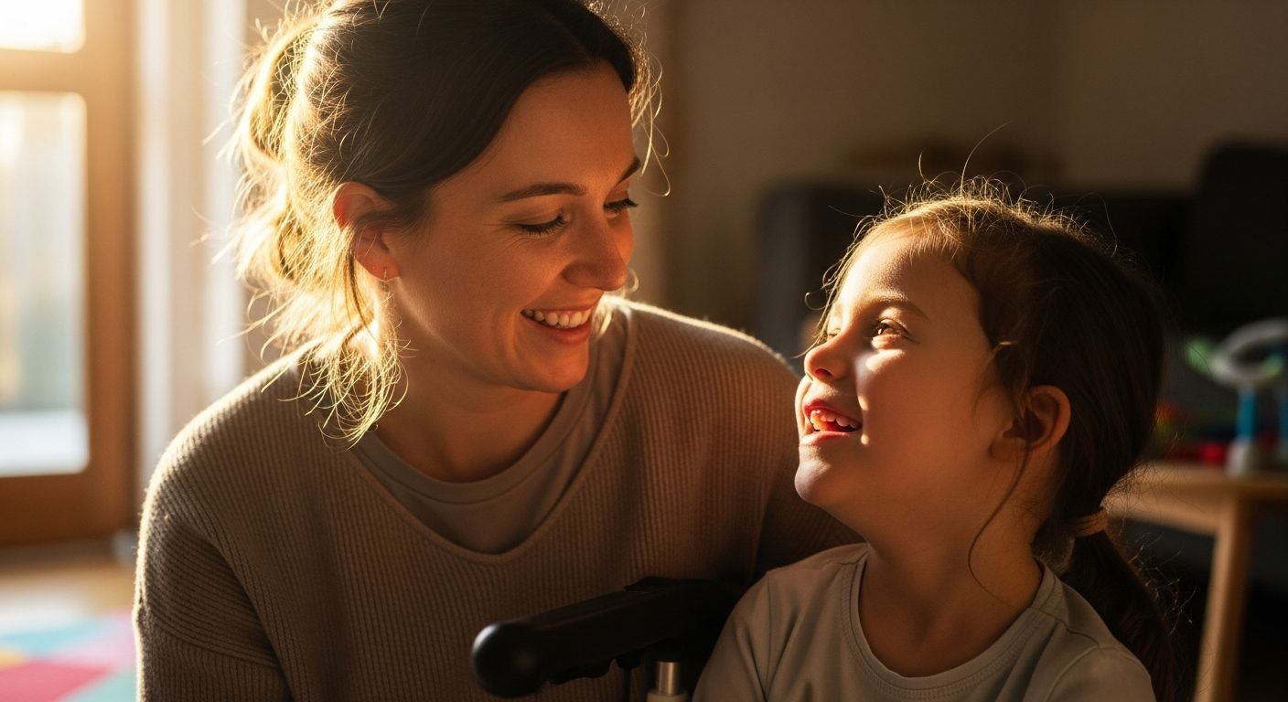 A support worker sharing a joyful moment with a young girl in her wheelchair at home