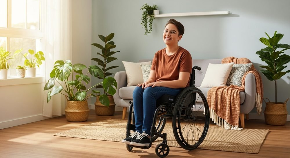 A woman in a wheelchair smiling confidently in her own living room, supported to live independently