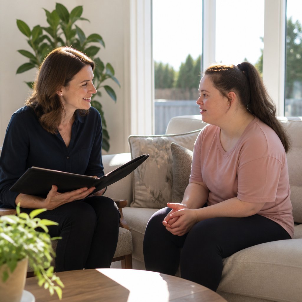 A support coordinator reviewing a participant's NDIS plan with them in a warm, welcoming living room